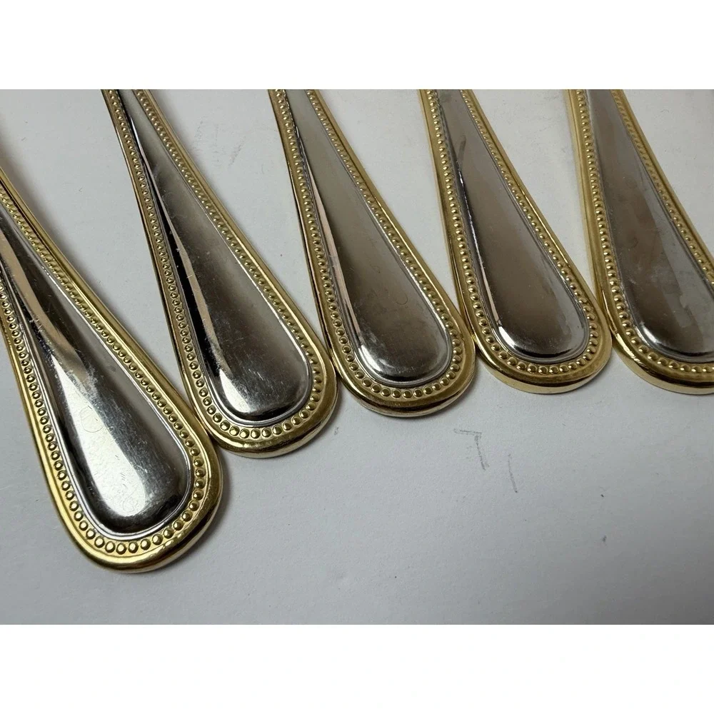 Set of 8 Wallace Gold Royal Bead Stainless Place Oval Soup Spoons 7 1/4